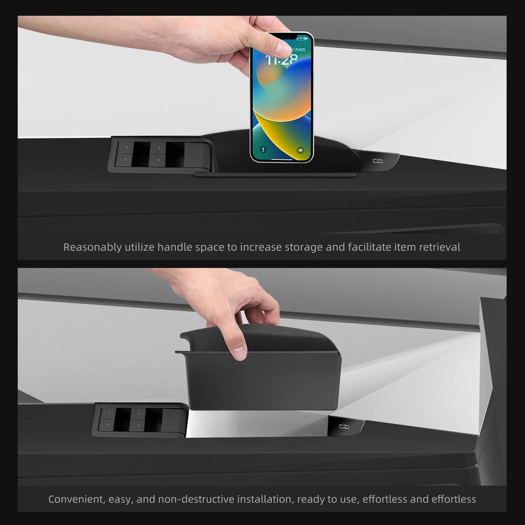 Tesla Cybertruck door handle storage box holding phone in door pocket