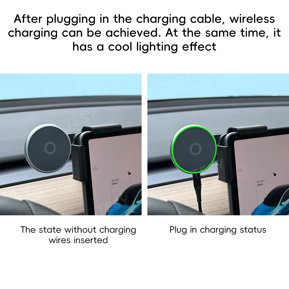 Tesla screen-mounted magnetic charger shown with and without the charging cable connected