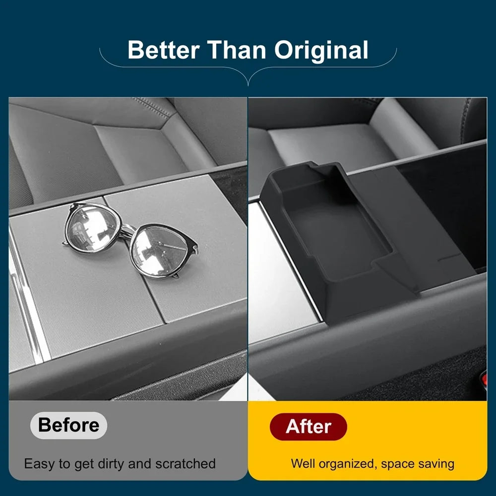 Before and after comparison of Tesla armrest console with glasses tray