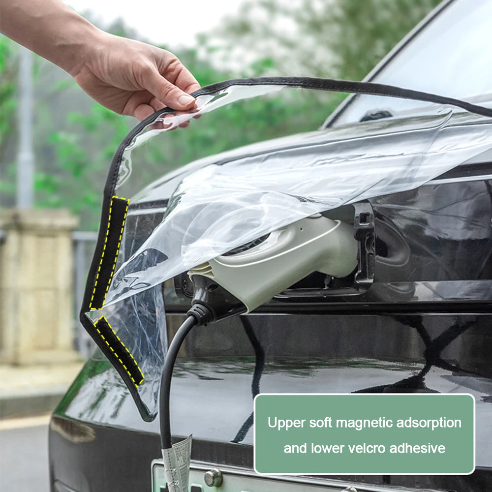 Hand lifting the clear EV charging port rain cover to access the connector