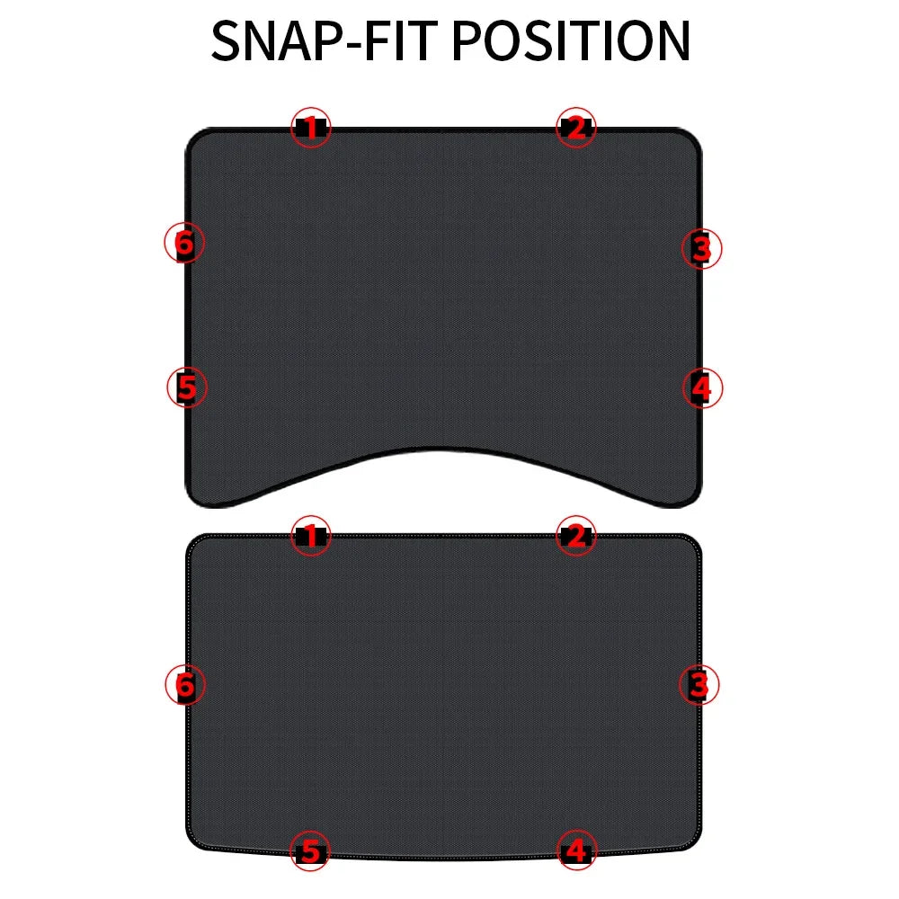 Snap-fit buckle position for Tesla glass roof sunshade