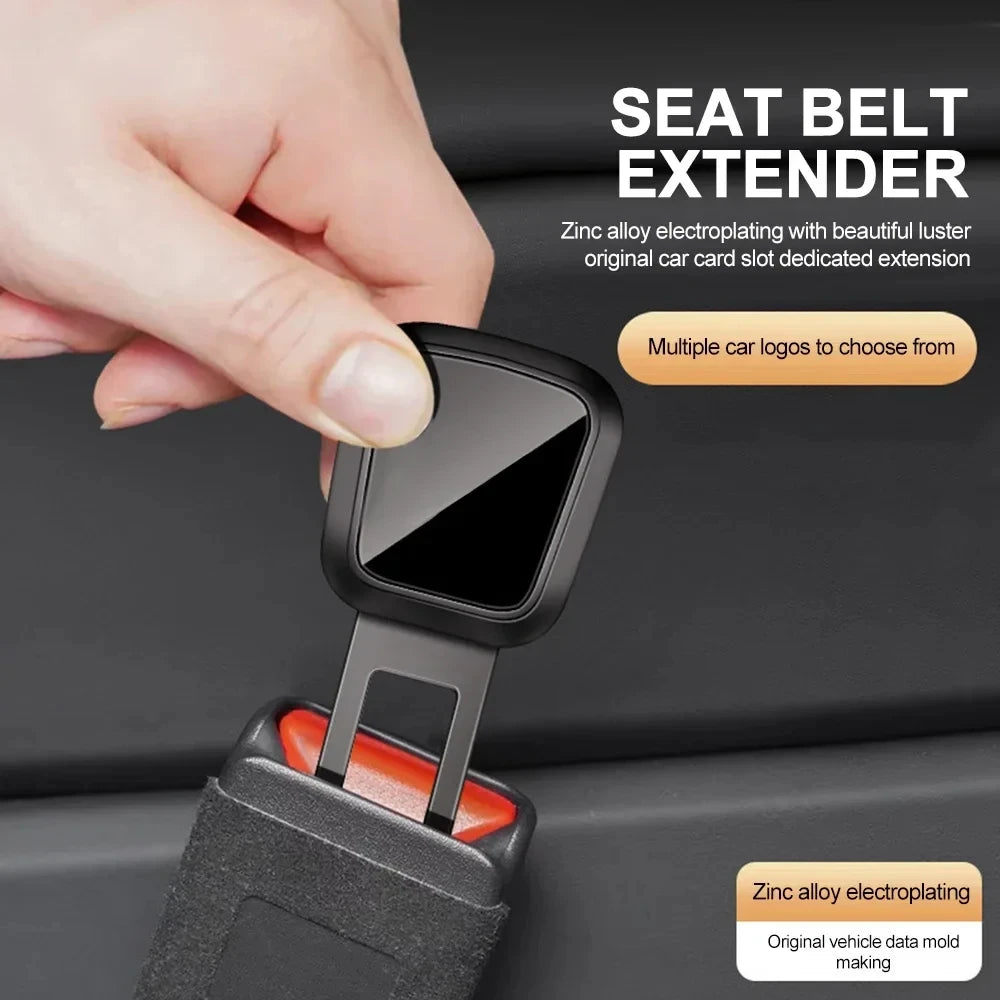 Hand inserting seat belt extender into car buckle