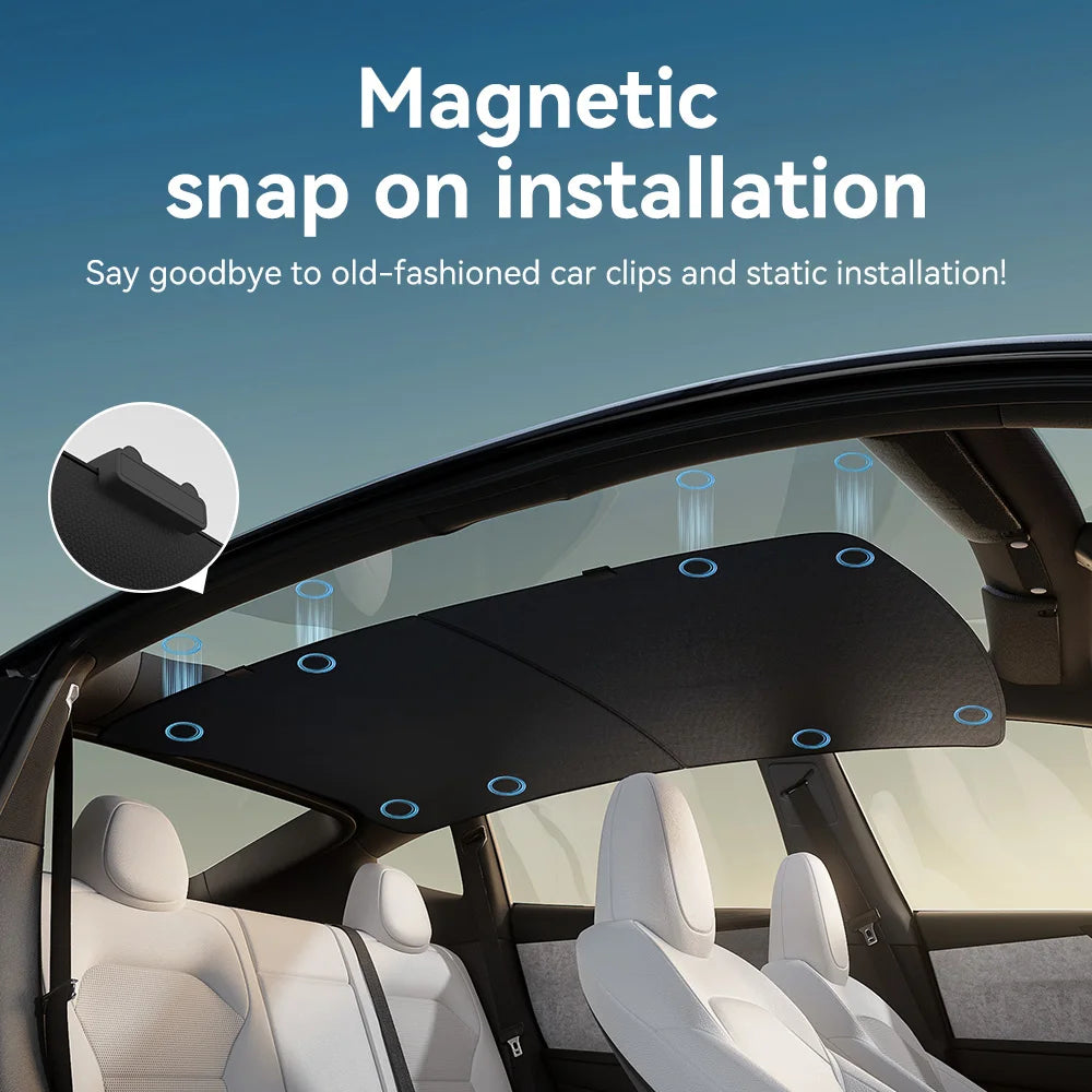 Magnetic snap-on installation of Tesla roof sunshade panel
