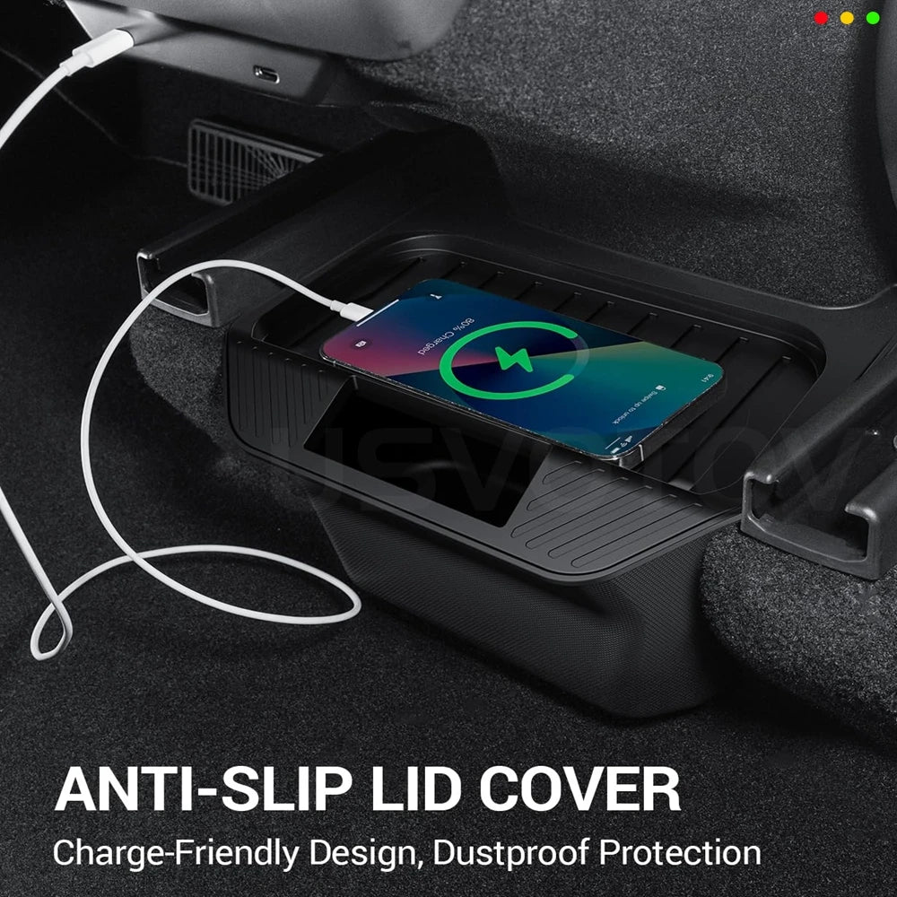 Anti-slip lid cover on Tesla Model Y rear storage box charging a phone