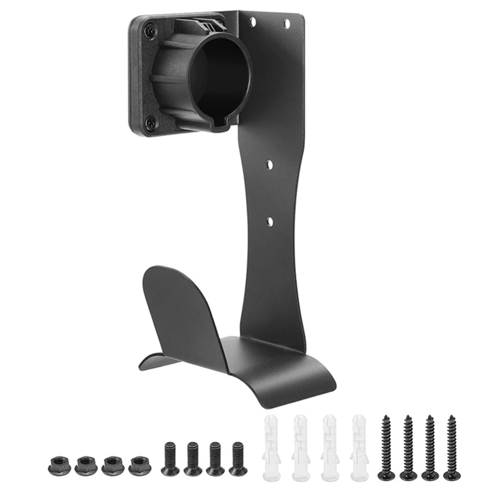 Stainless steel EV charger holder with mounting hardware on white background