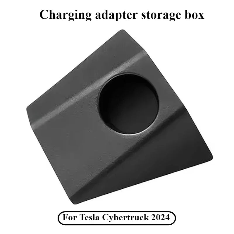 Cybertruck charging adapter storage box top angle view