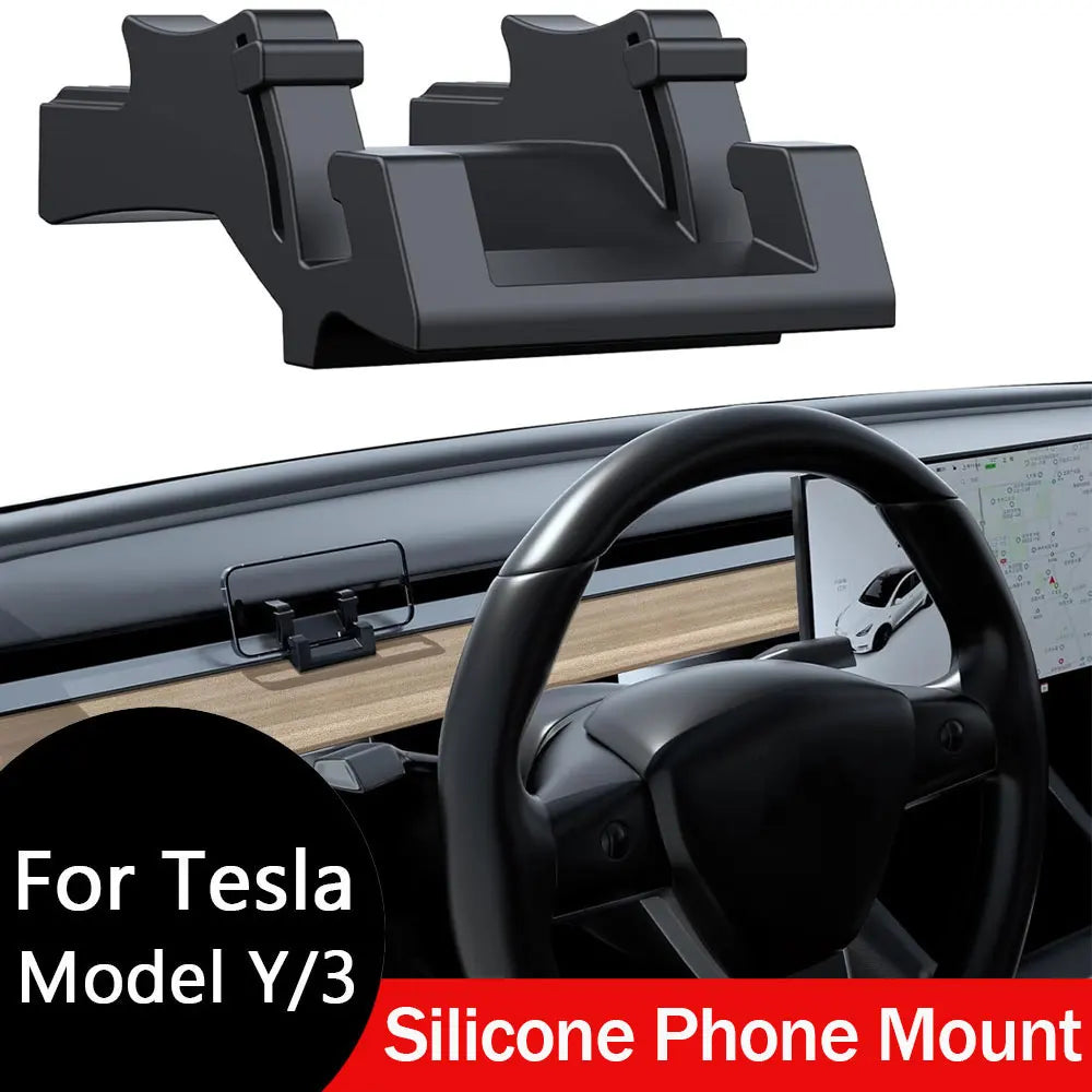 Tesla Model 3 and Y silicone dash phone mount with product and in-car view