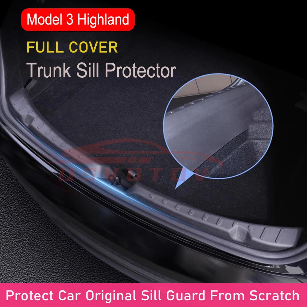 Tesla Model 3 Highland full-cover trunk sill protector installed in trunk