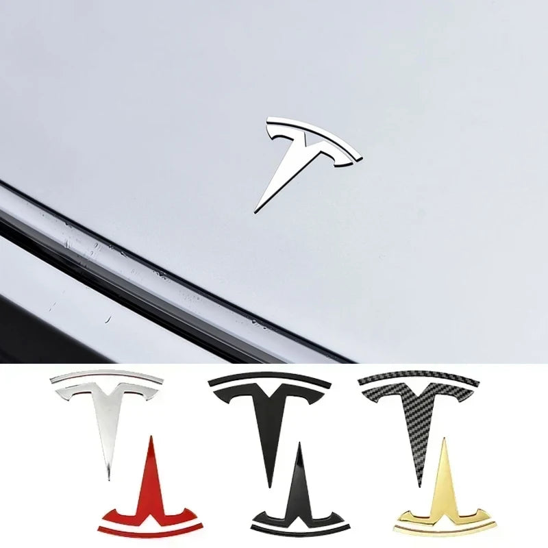 Tesla T emblem badge installed with silver, red, black and gold finish options
