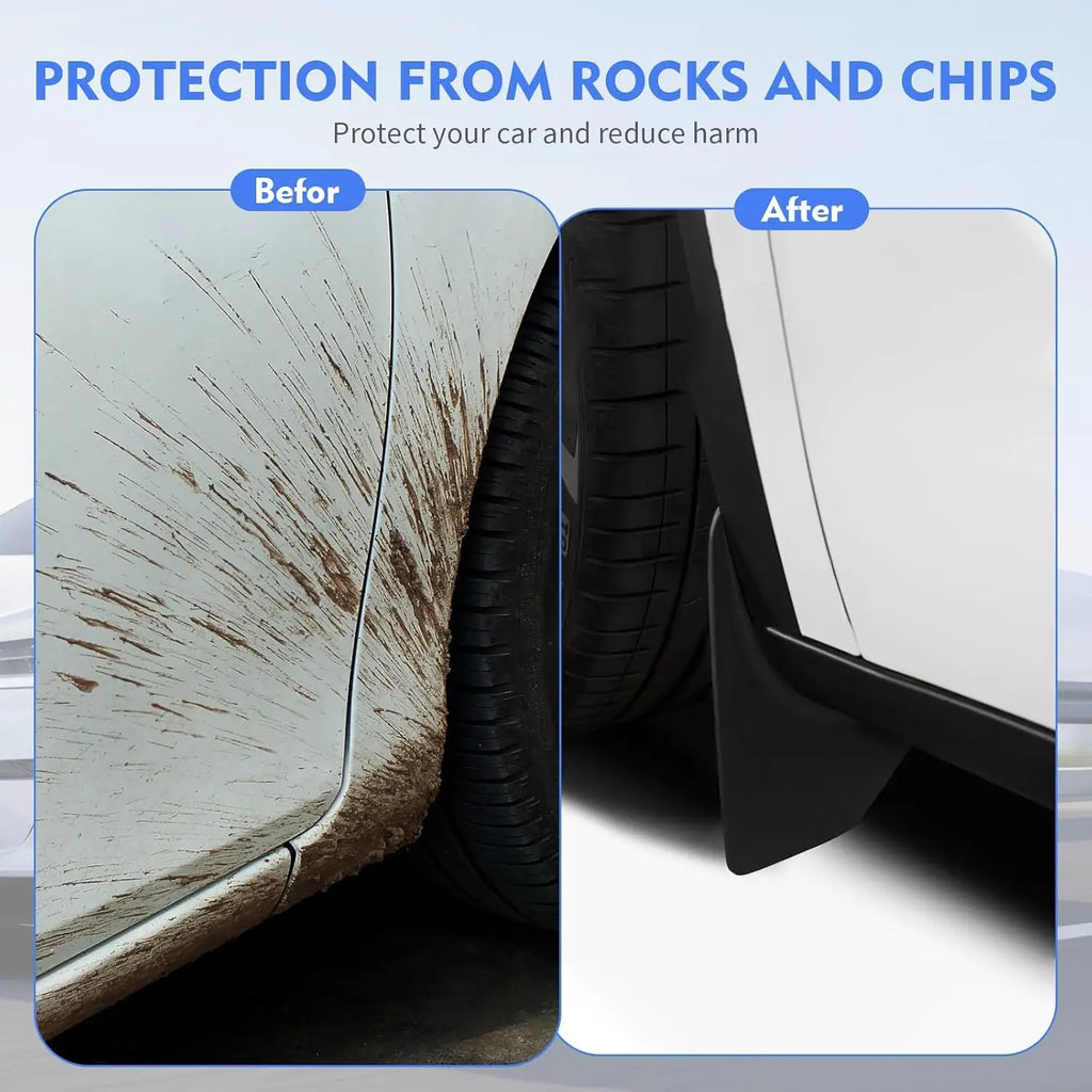 Mud flaps protecting Tesla body from rocks and chips before and after