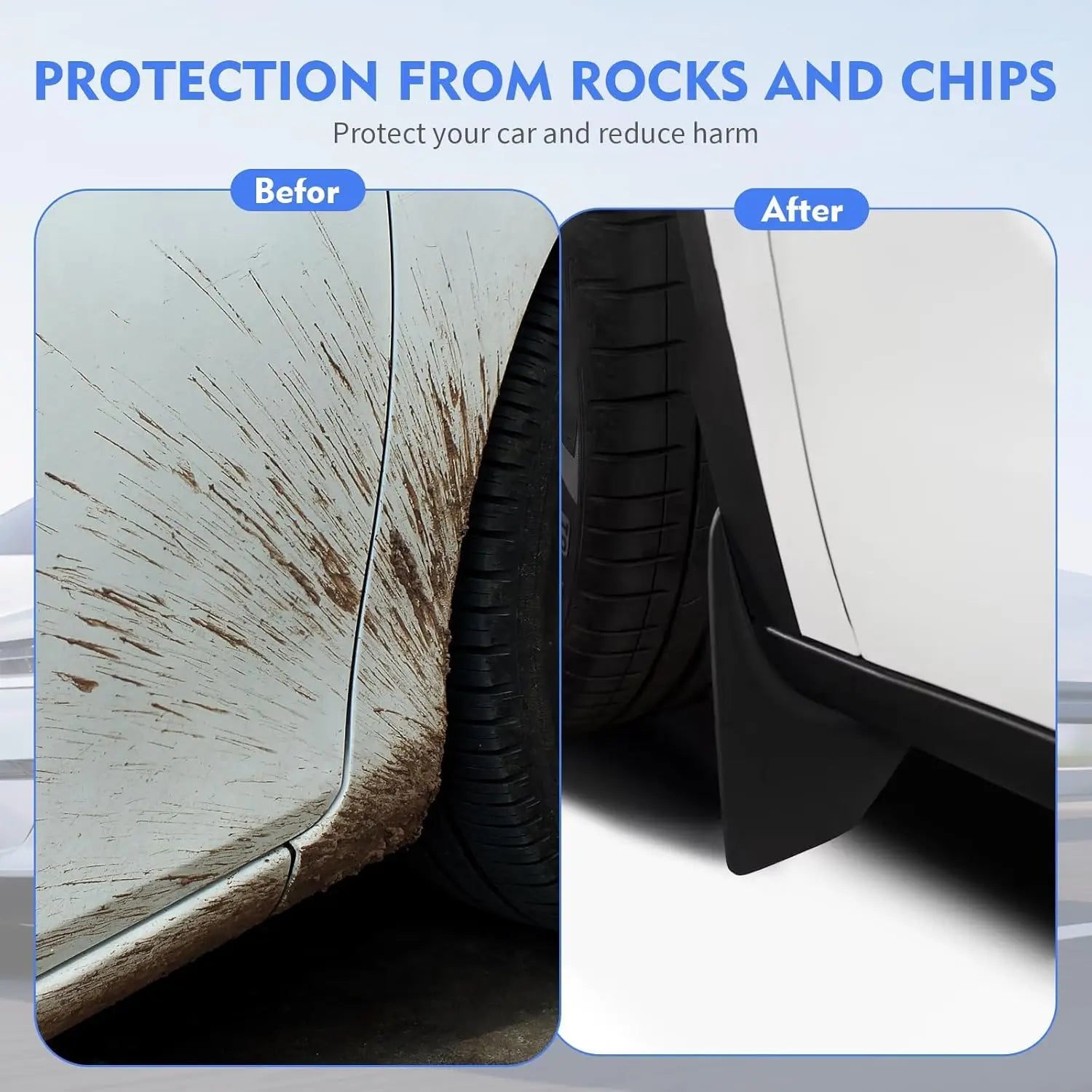 Mud flaps protecting Tesla body from rocks and chips before and after