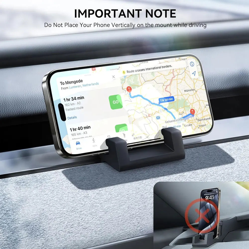Phone displaying navigation in Tesla silicone dash mount on the dashboard