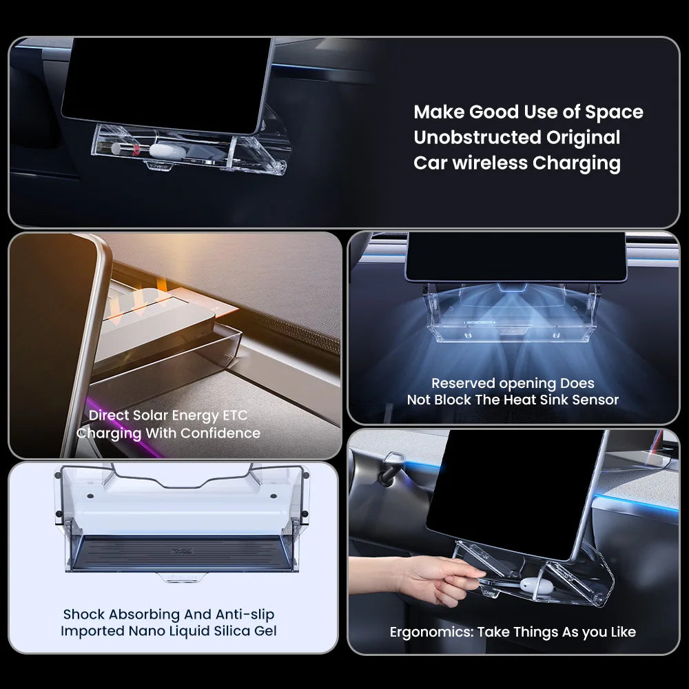 Tesla magnetic folding under-screen storage shelf open showing wireless charging clearance