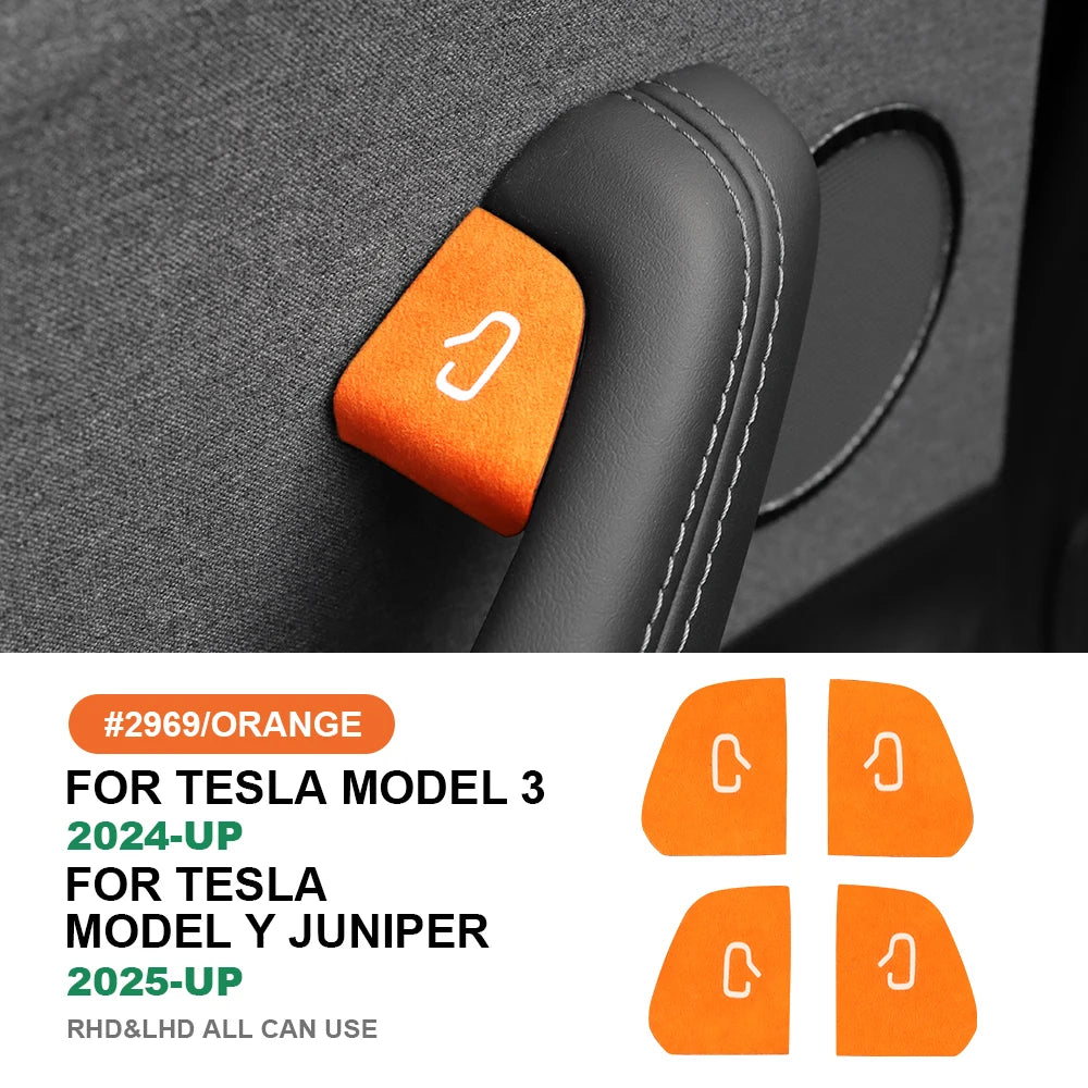 Tesla orange suede door switch trim cover installed