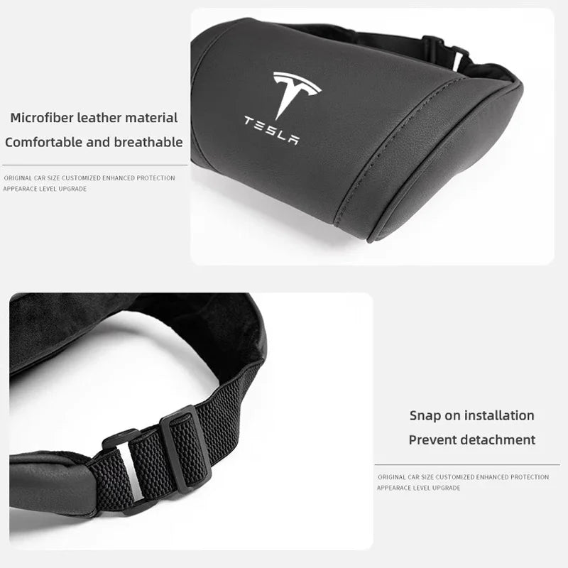 Tesla headrest pillow microfiber leather material and elastic strap detail