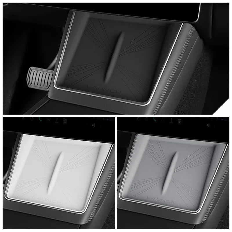 Tesla Model Y Juniper storage tray shown in light and dark finishes