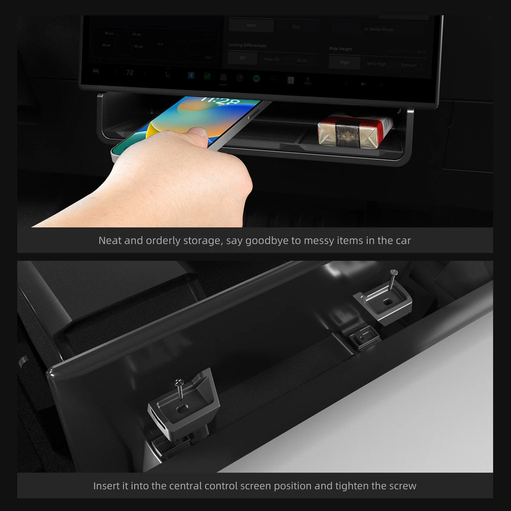 Phone and items stored in the Cybertruck under-screen tray with install detail