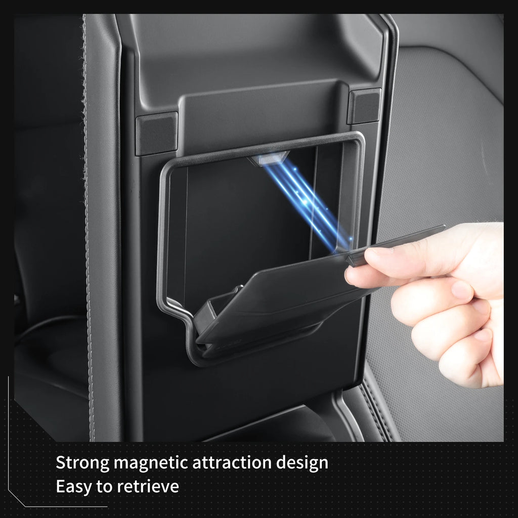 Strong magnetic closure detail of the Tesla hidden armrest storage box