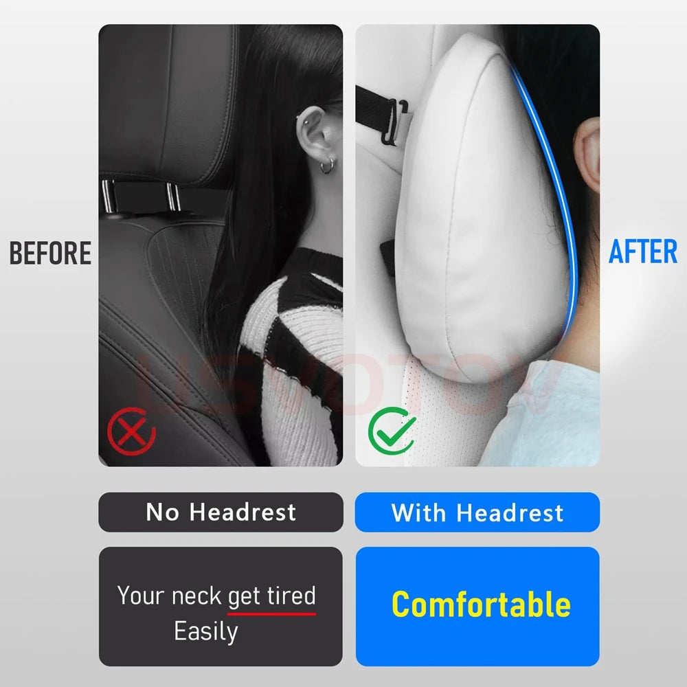 Tesla seat before and after adding headrest neck support pillow