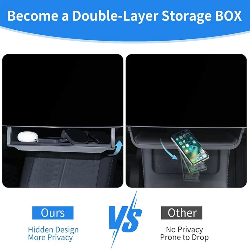Tesla under-screen storage tray closed and open as a double-layer box