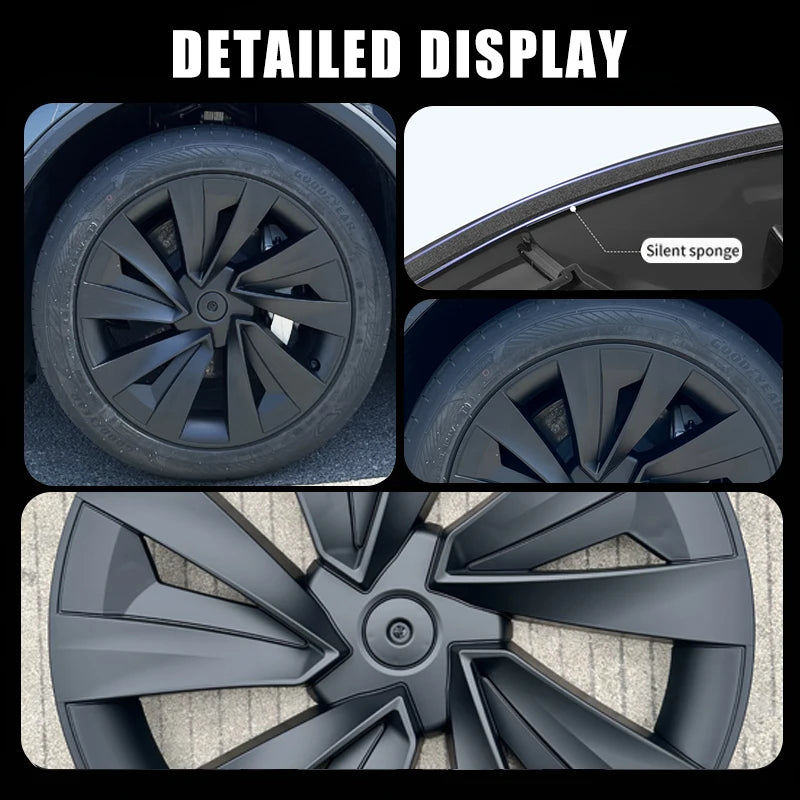 Detailed display of matte black Tesla Model Y Juniper wheel cover design