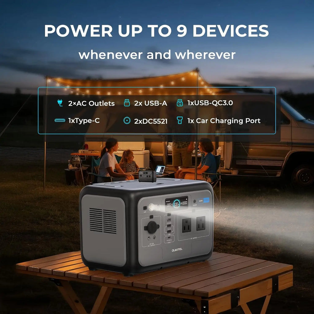 OUKITEL P800E running multiple devices outdoors at a campsite
