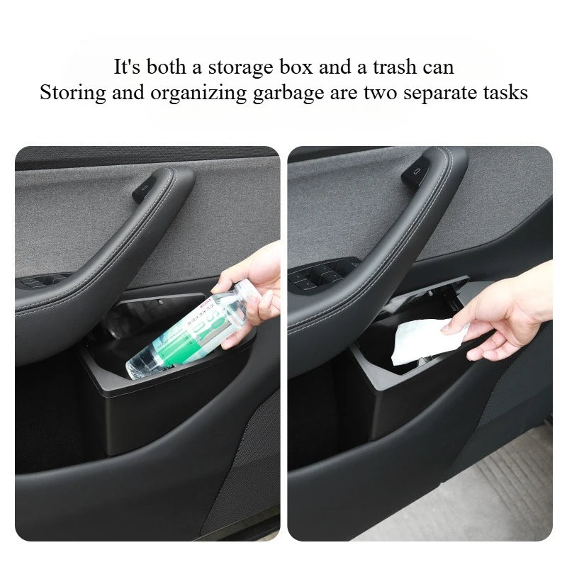 Tesla Model Y door storage box used for items and a water bottle