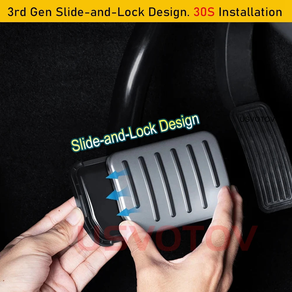 Slide-and-lock pedal cover installing over Tesla factory pedal