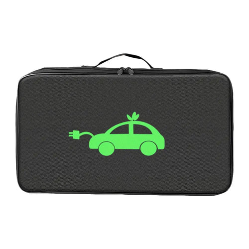 Rectangular fireproof EV charging cable storage bag in black with green car logo