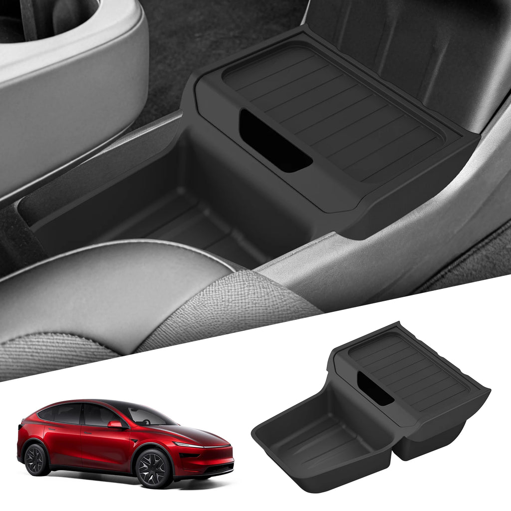 Tesla Model Y Juniper lower center console TPE storage tray installed in console well