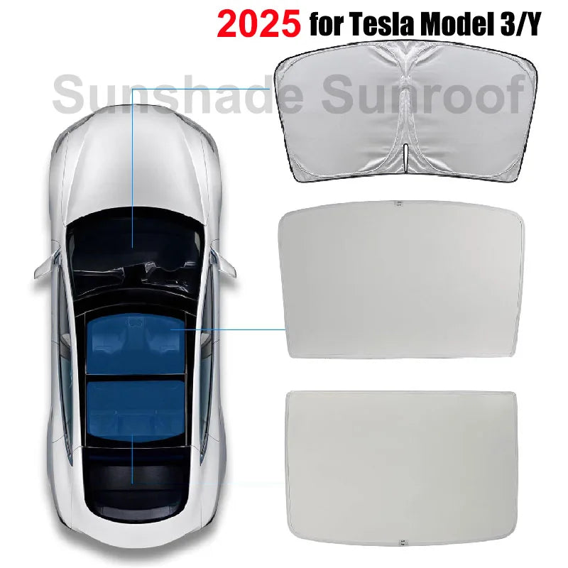 Diagram of Tesla Model 3 and Model Y glass roof sunshade coverage