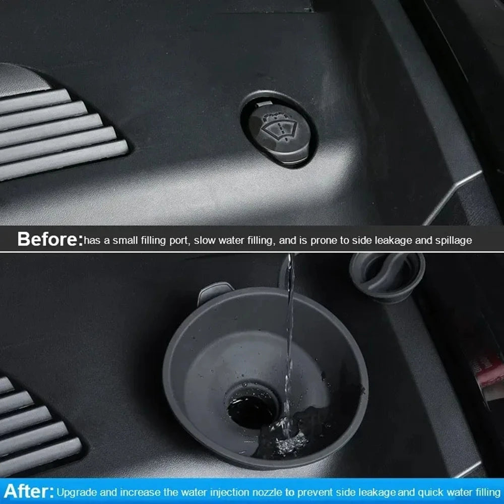 Tesla washer port before and after using the wide-mouth filling funnel