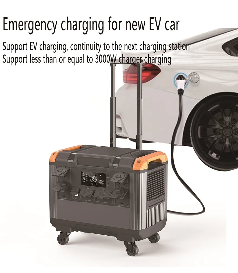 Portable power station emergency-charging an EV outdoors