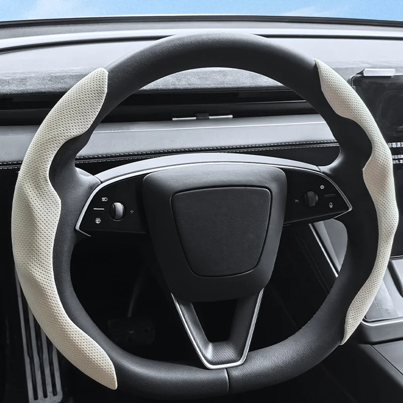 Tesla Model Y Juniper steering wheel cover installed two-tone grip