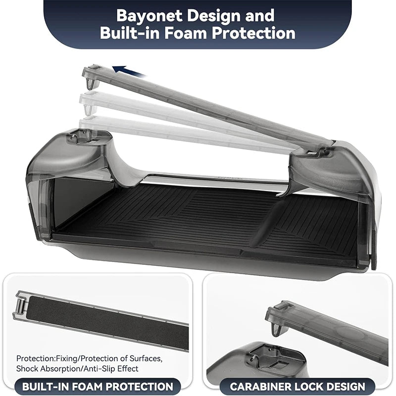 Tesla storage tray bayonet design with built-in foam and carabiner lock