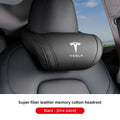 Tesla black leather memory foam headrest neck pillow installed on seat