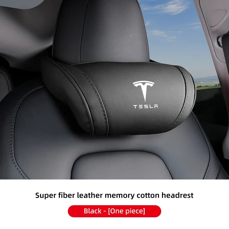 Tesla black leather memory foam headrest neck pillow installed on seat
