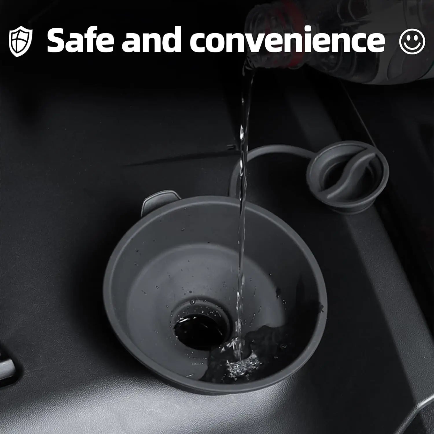 Tesla washer fluid funnel filling cleanly from a bottle