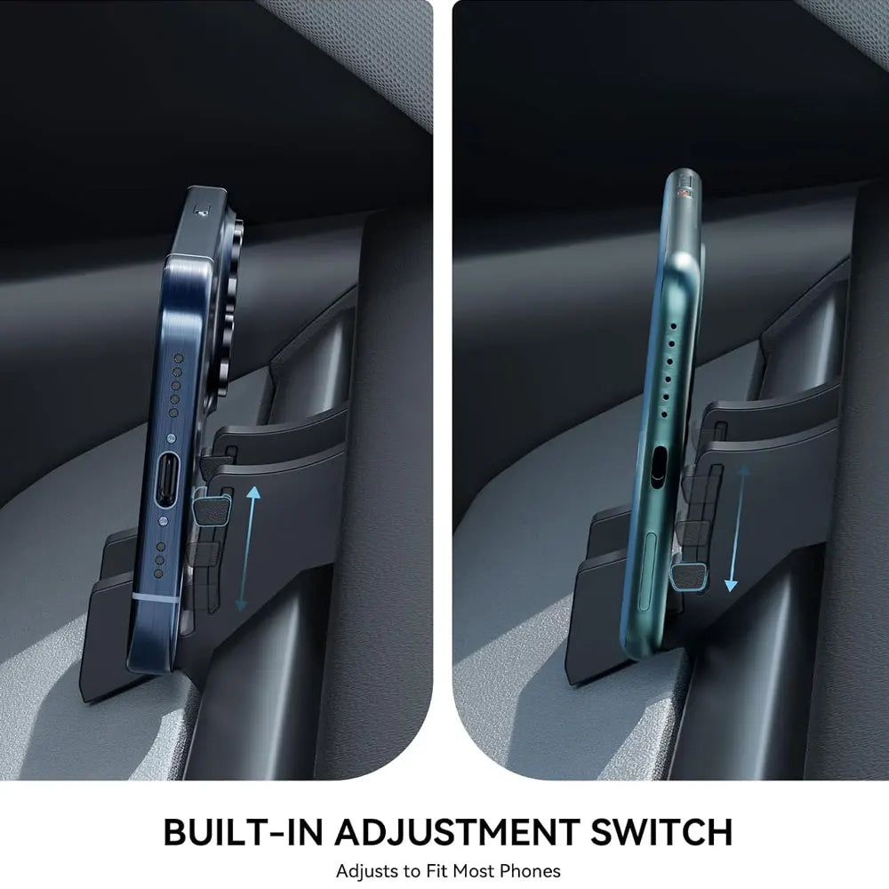 Tesla phone mount built-in adjustment switch tilting a phone for viewing