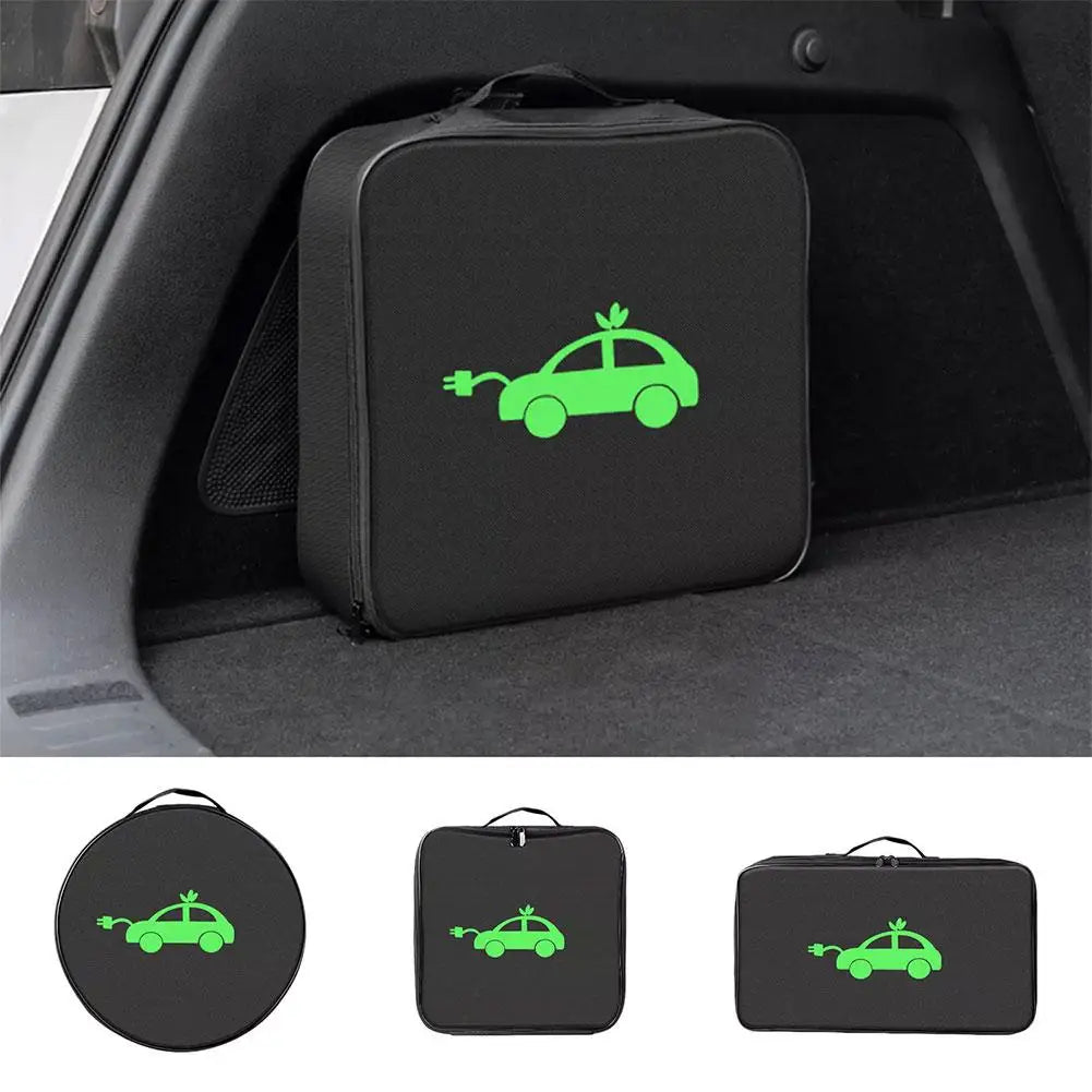 EV charging cable storage bag shown in round, square, and rectangle shapes