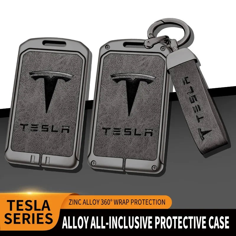 Tesla key card holders in zinc alloy and leather, front and back