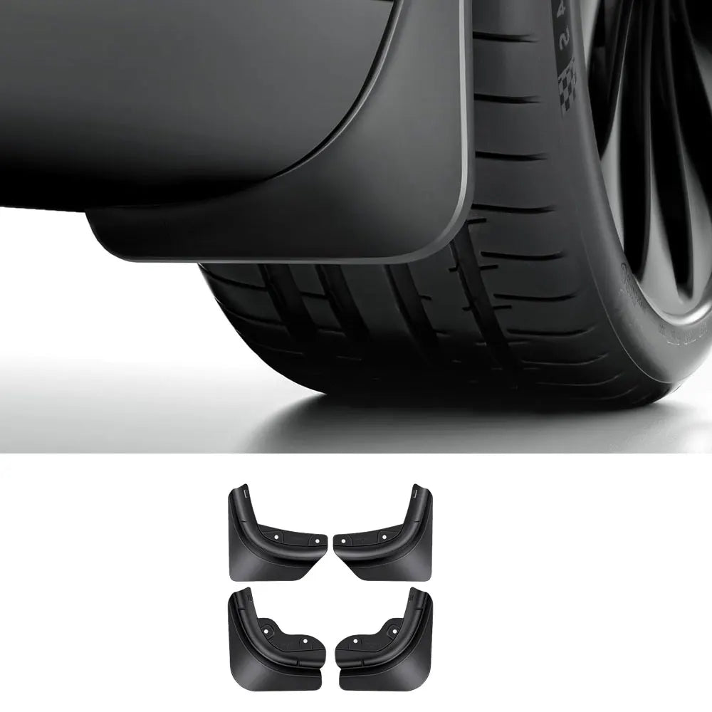 Tesla mud flap installed on wheel arch with set shown below