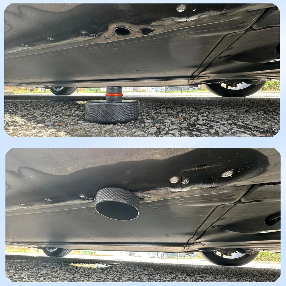 Tesla rubber jack pad seated at the chassis jack point during a lift