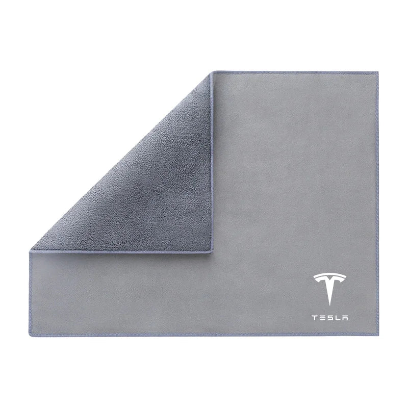 Dual-sided coral velvet and suede microfiber car towel with Tesla logo