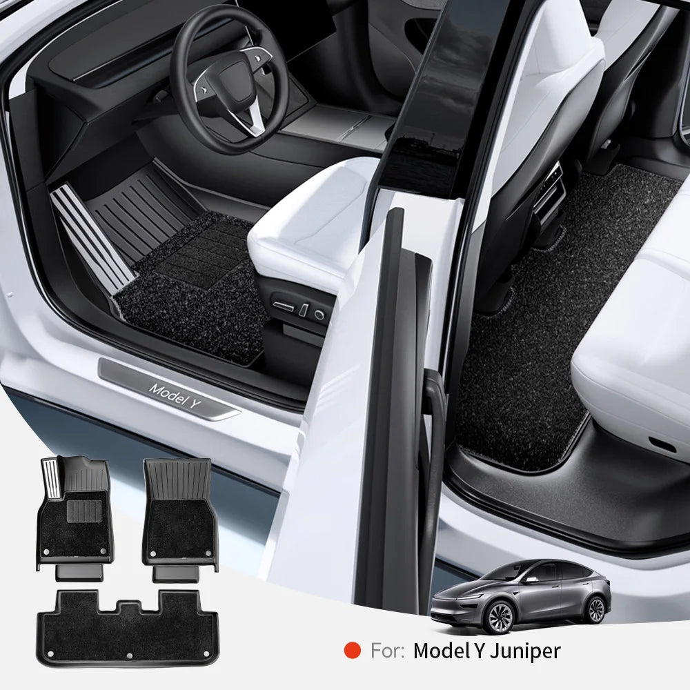 Tesla Model Y Juniper TPE floor mats installed in the front and rear footwells