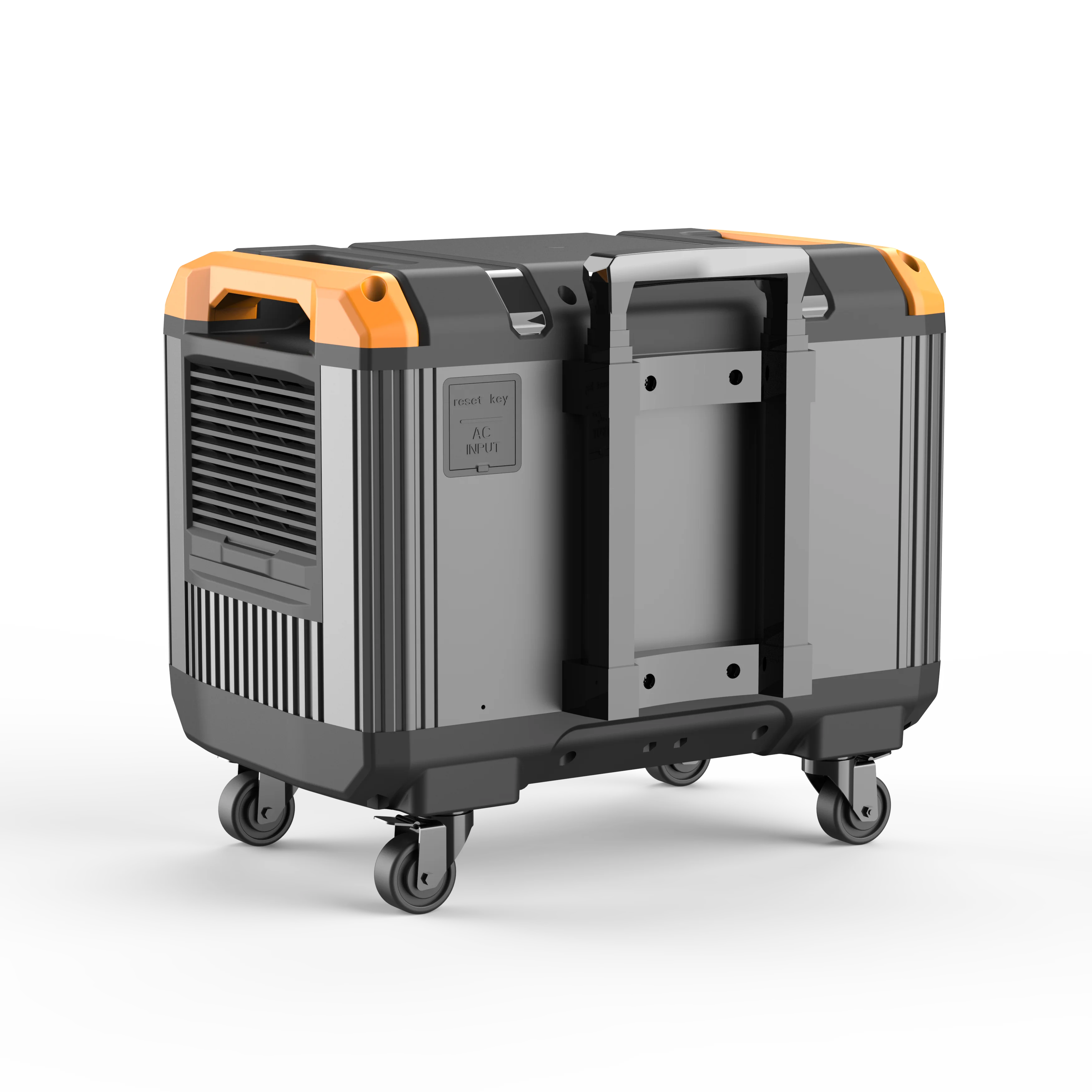 Rear view of the wheeled 3000W portable power station showing vents and ports