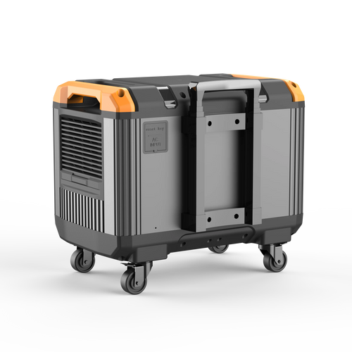 Rear view of the wheeled 3000W portable power station showing vents and ports