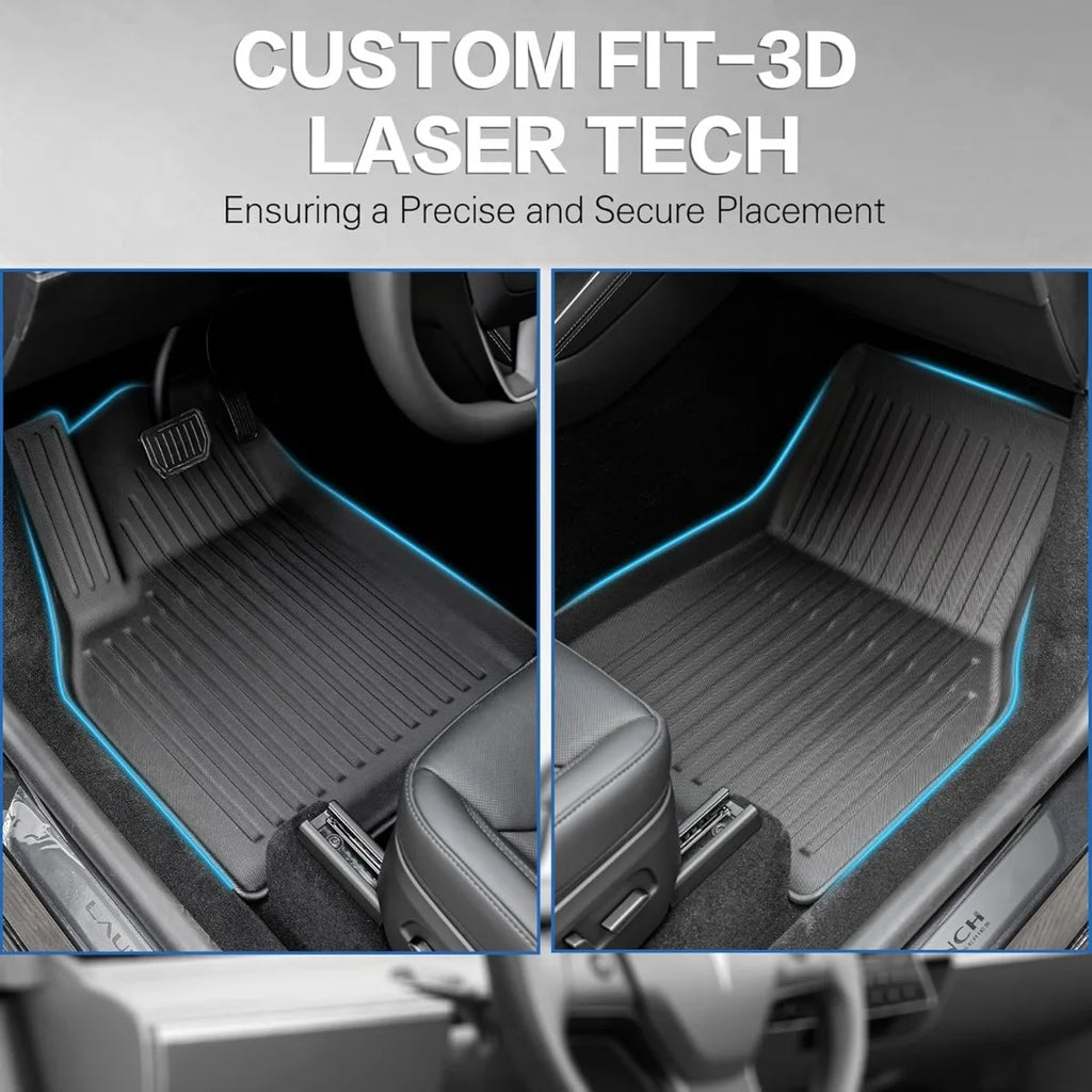 Custom-fit 3D laser-cut TPE floor mats installed in Tesla Model Y Juniper cabin