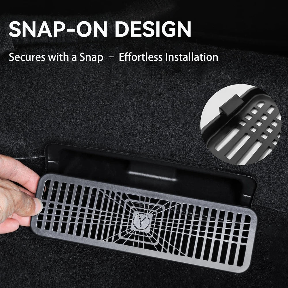 Snap-on under-seat air vent cover installing in Tesla