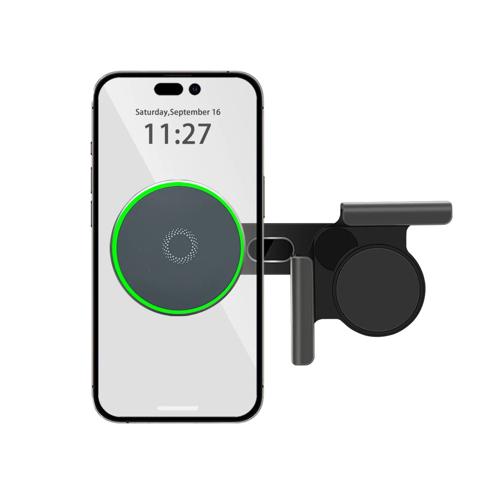 Tesla magnetic phone mount holding an iPhone and wirelessly charging at the screen edge